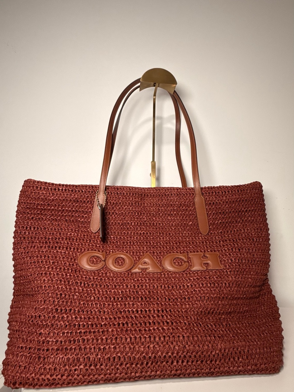 Coach Woven Tote in Rust Brown with Leather Handles